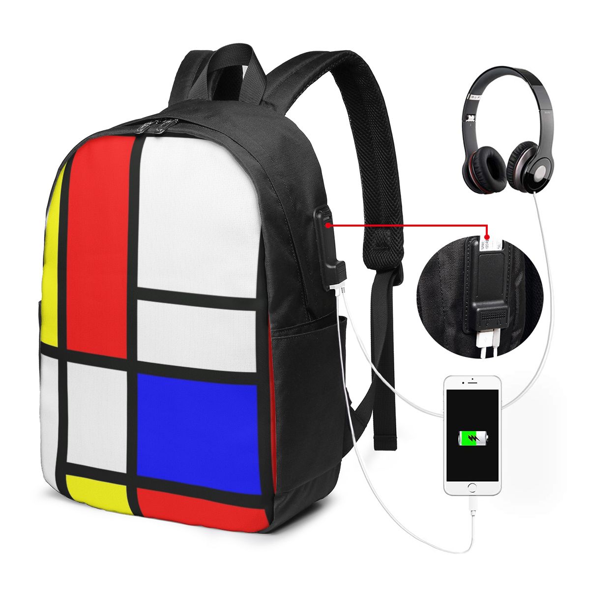 Women Bags College - Piet Mondrian Composition Backpack Travel Notebook