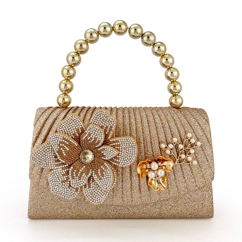 Women Bags Golden - Golden sparkling diamond flower dinner bag,